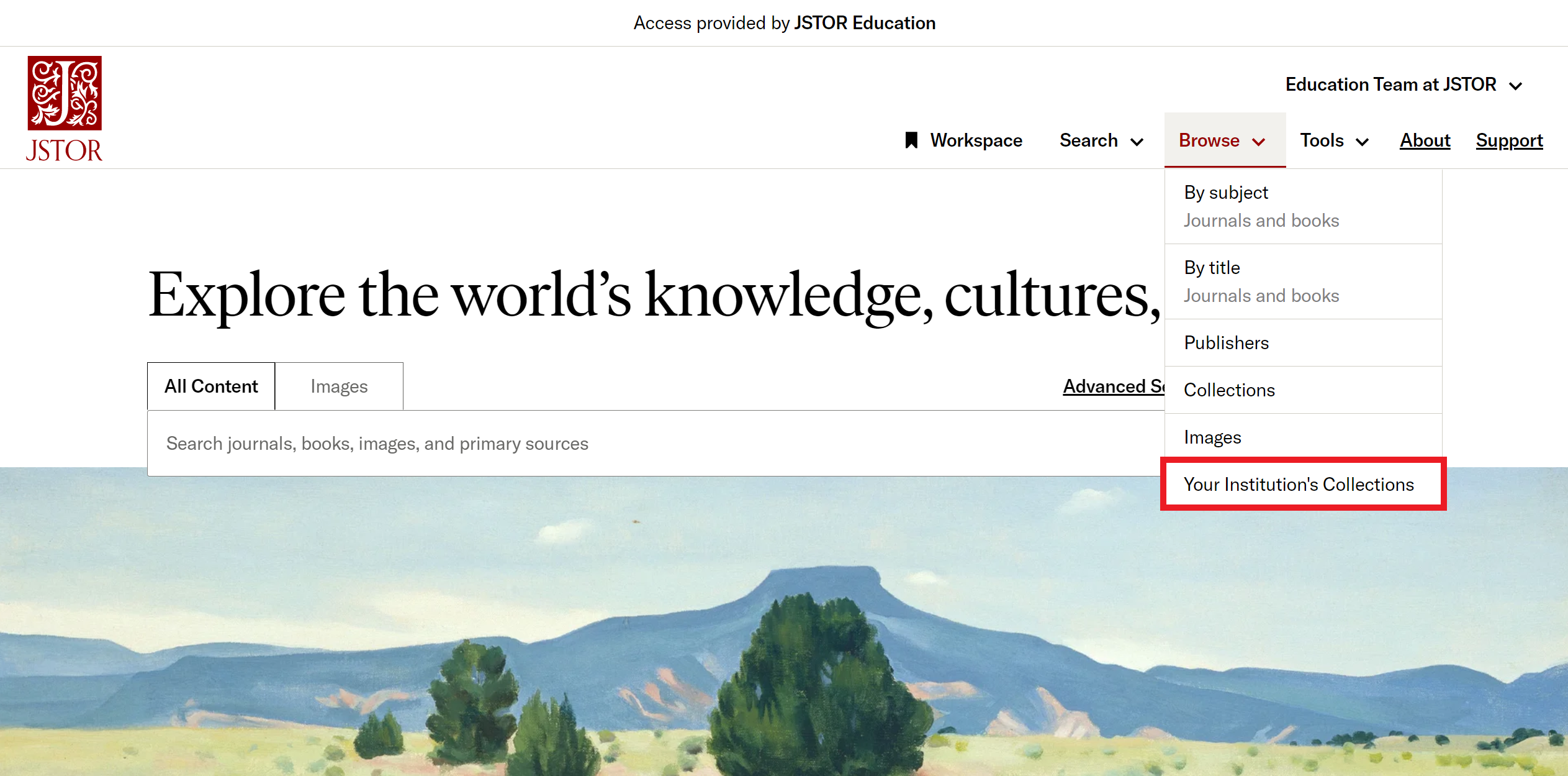 Browse drop-down menu on JSTOR showing Your Institution's Collections option