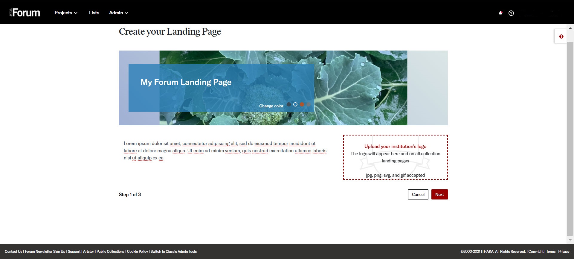 Landing page editing screen in Forum